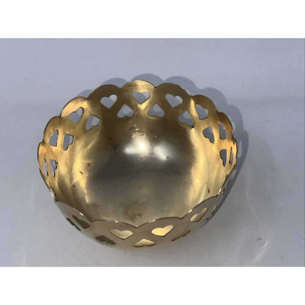 Vintage Solid Brass Heart Cut Out‎ Bowl Scalloped Edge India Polished Gold 4.75